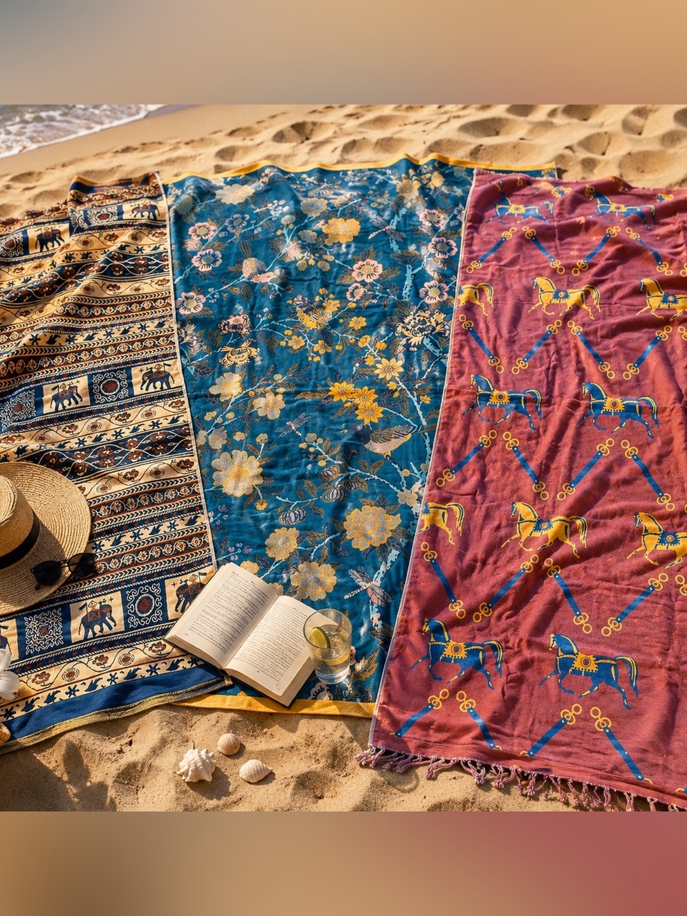 Boho Southwestern Geometric Print 100% Cotton Plush Bath Towel Set of 3 EUC